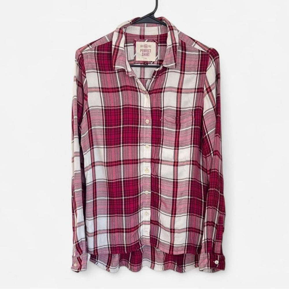 Burgundy Red and White Plaid Button-up Long Sleeve Shirt, Size Medium